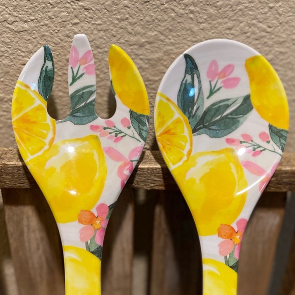 Farmhouse Lemon Serving Spoon Set, Melamine Lemons Leaves & Floral Serving Set - Picture 4 of 9